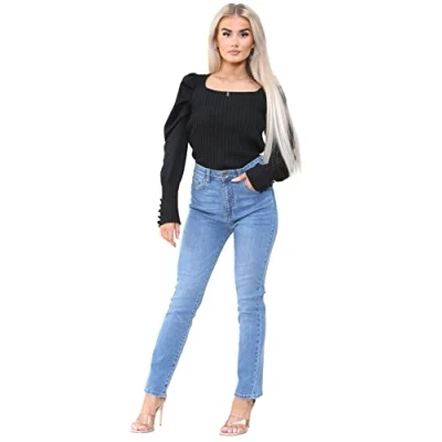Image of 989Zé ENZO Womens High Waist Slim Straight Leg Jeans Stretch Cotton Denim Pants EZL423 Light Blue 10