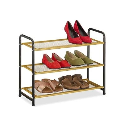 Image of Relaxdays Rack, Organiser with 3 Levels, 6 Pairs of Shoes, HWD: 48 x 60 25 cm, Metal, Hallway Storage, Black/Gold, 100% steel