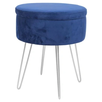 Image of Harbour Housewares 1x Blue/Silver H45 x D36cm Round Velvet Storage Footstool Living Room Dressing Table Ottoman Pouffe Chair Seat