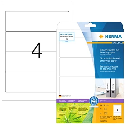 Image of HERMA Self Adhesive Recycled Spine Labels, 4 Labels per A4 Sheet, 20 Sheets, 192 x 61 mm, 80 Blank Lever Arch File Folder Stickers, for Laser &amp; Inkjet Printer, Natural White