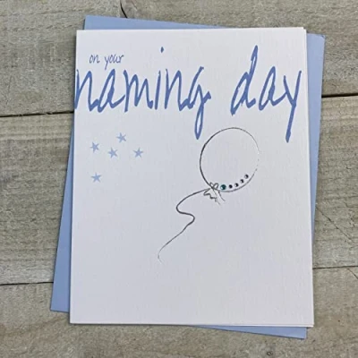Image of WHITE COTTON CARDS BLUE SILVER BALLOON NAMING DAY CARD, HANDMADE (IT17)