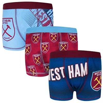 Image of West Ham United FC Official 3 Pack Boys Boxer Shorts Claret Blue 9 10 Years