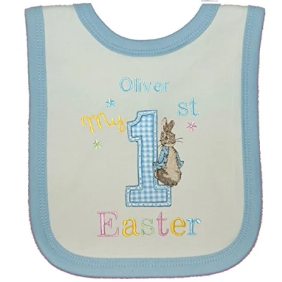 Image of TANGDIAABBCC Boy?s Personalised 1st Little Rabbit Easter Bib. (White Blue Trim)