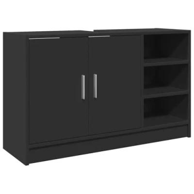 Image of vidaXL Black Bathroom Sink Cabinet 90x29x55 cm Modern Engineered Wood Storage Cupboard with 2 Doors and 3 Open Compartments
