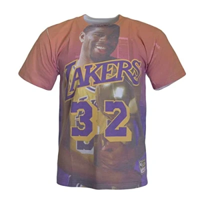 Image of Mitchell &amp; Ness LA Lakers Magic Johnson Neck Mens T Shit BMTRKT18007 LALPURPEJH Multicoloured