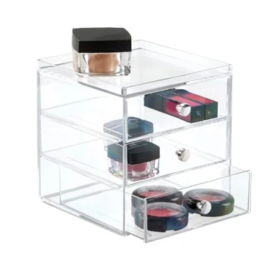 Image of iDesign Makeup Organiser with Three Drawers, Plastic Storage Box for Makeup, Accessories, Jewelry and More, Compact Dressing Table Organiser, Clear, 1 x Mirror