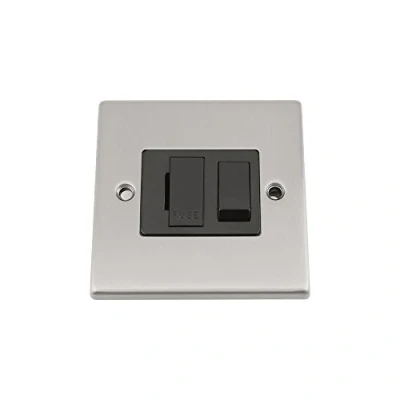 Image of Fused Switch Satin Matt Chrome Square Black Insert Plastic 13 Amp Switched Spur Unit