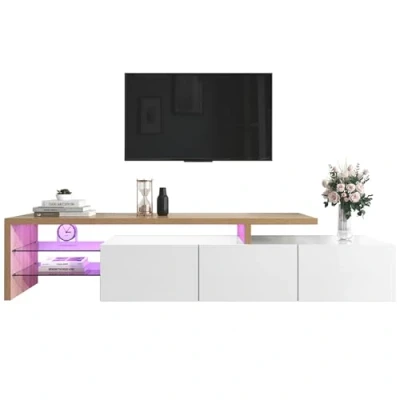 Image of I0I&amp;I0I Modern TV Cabinet Elegant Design,Wooden Look, Glass Shelves, LED Lighting (White)