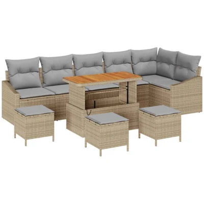 Image of vidaXL 10 Piece Garden Sofa Set with Cushions Beige Poly Rattan Acacia