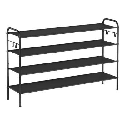 Image of SONGMICS Shoe Rack, 4 Tier Organiser, Fabric Shelf Storage with Hooks, Holds up to 24 Pairs of Shoes, Height Adjustable Rack for Entryway, Hallway, Closet, Easy Assembly, Ink Black
