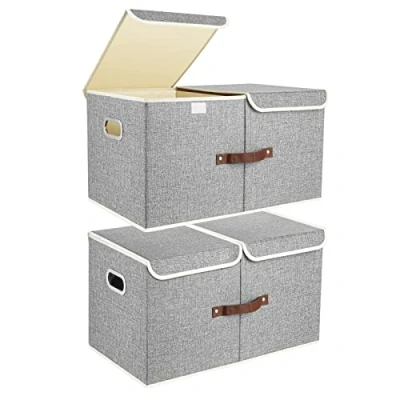 Image of TYEERS Extra Large Storage Box with Lids and Compartments, Collapsible, Washable, Fabric Lid for Clothes, Wardrobe Storage, 55x33x30 cm, Set of 2, Grey