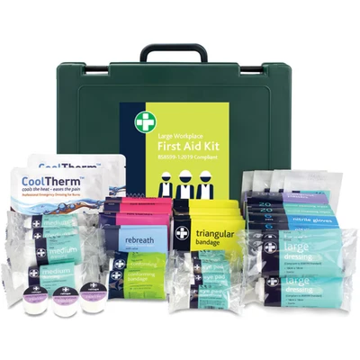Image of Reliance Medical Large Workplace First Aid Kit Complete Safety Compliance, Ideal for Workplace, Includes Bandages, Dressings and Emergency Tools, Green Cambridge Box