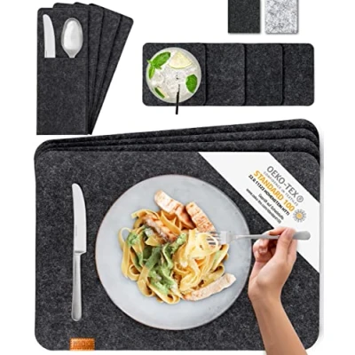Image of MIQIOﾮ Scandi Style Felt Place Mats with real Leather Label Washable Set of 4 Placemats 44x30 cm, Cuttlery Bags, Glass Coasters Table for Easter Decoration Dark Grey