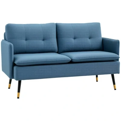 Image of HOMCOM Modern Two Seater Sofa, Button Tufted Loveseat with Cushions and Steel Legs for Living Room, Guest Dark Blue