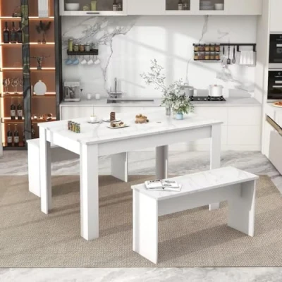 Image of BTM Dining Table with 2 Benches, Set for Kitchen, &amp;Dining Room &amp; Small Space, Artificial Marble Top（White）