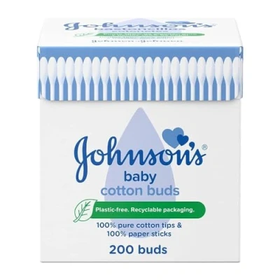 Image of Johnson&#039;s Baby Cotton Buds (1 x Pack of 200) Soft &amp; Gentle Ear for Delicate Skin, Made 100% Pure and Paper Sticks, Plastic Free to Clean Areas, around Eyes Outer