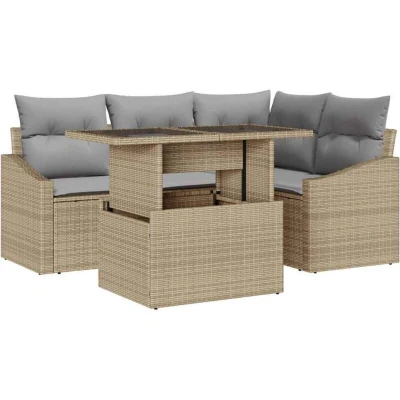 Image of vidaXL 5 Piece Garden Sofa Set with Cushions Beige Poly Rattan