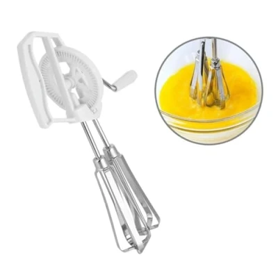 Image of VIFER Rotary Hand Whisk Stainless Steel Held Egg Beater Manual Kitchen Mixer Push Blender for Whisking Beating Stirring, White