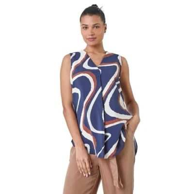 Image of Roman Womens Sleeveless V Neck Swirl Print Pleat Front Top Blue Size 10 UK