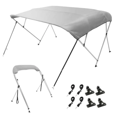 Image of VEVOR 4 Bow Bimini Top Boat Cover, 900D Polyester Canopy with 1&quot; Aluminum Alloy Frame, Waterproof and Sun Shade, Includes Storage Boot, 2 Support Poles, Straps, 8&#039;L x 54&quot;H 91&quot; 96&quot;W, Light Grey