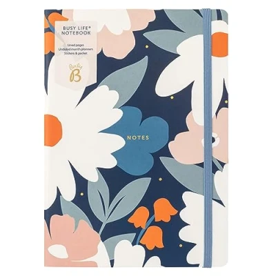 Image of Busy B A5 Life Notebook Navy Daisy Lined Pages with Undated Month Planners, Stickers and Pocket FSC® Certified