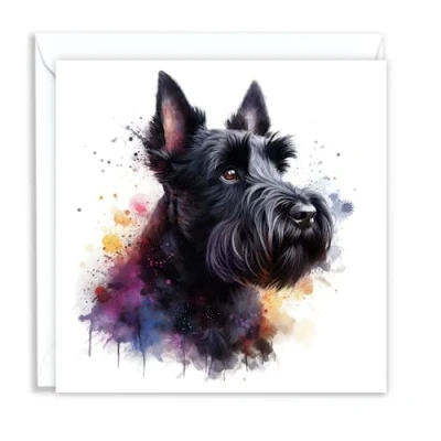 Image of Scottish Terrier (Scottie) Dog Watercolour Splash Effect Artistic Blank Greeting Card