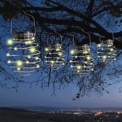 Image of Garden Mile White Solar Powered LED Ornaments Outdoor Lantern Lights with Spiral Effect Hanging Copper Lanterns for Party, Weddings, Decor (Spiral Light, Pack of 4)