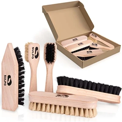 Image of SULPO Shoe Polish Kit 5 Piece Cleaning Set Leather Brushes 2 Soft Bristles 1 Dirt Brush Hard Care