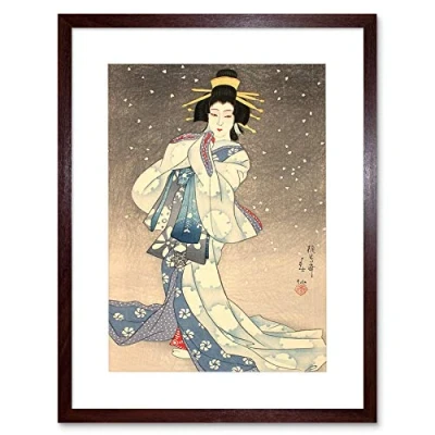 Image of Wee Blue Coo Natori Shunsen Japanese Kabuki Theatre Geisha Artwork Framed Wall Art Print 12X16 Inch