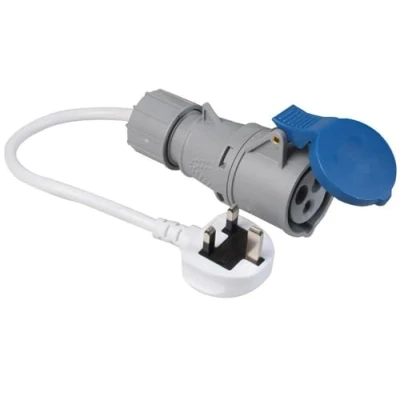 Image of K M Electronics® 13A Rubber Molded UK Plug to 16A Blue Socket Caravan Hook UP Adaptor Mains Cable Lead