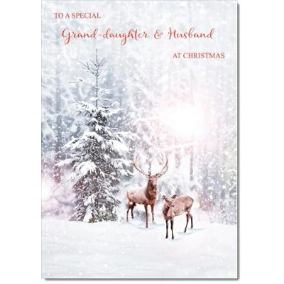Image of doodlecards Granddaughter and Husband Christmas Card Deers in Forest Medium Size for &amp; with Plain Envelope