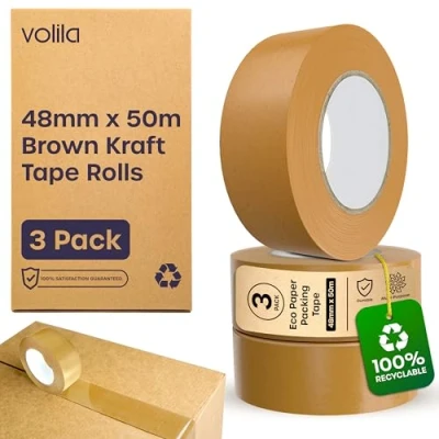 Image of volila Paper Tape 3 Pack Brown Kraft Rolls Heavy Duty Packaging for Moving House, Boxes, Framing, and Recyclable Parcel with Strong Adhesive (48mm x 50m)