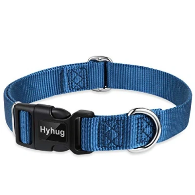 Image of Hyhug Design Classic Basic Nylon Dog Collar, Can Install Tag (Large, Blue)