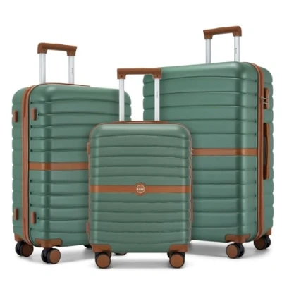 Image of Kono Suitcase Sets of 3 Piece Lightweight ABS + PC Hard Shell Trolley Case 20&quot; 24&quot; 28&quot; Travel Luggage with Digit Combination Lock Spinner Wheels (Green/Brown)