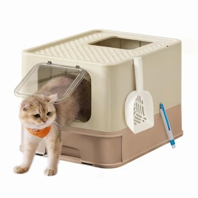 Image of Feandrea Hidden Cat Litter Box, Tray with Hood, Slide Out Tray, Scoop, Brush, Spacious for Large Cats, Max. Load 15 kg, Anti Tracking, Leaking, Sand Beige and Camel Brown PPT001LJ02