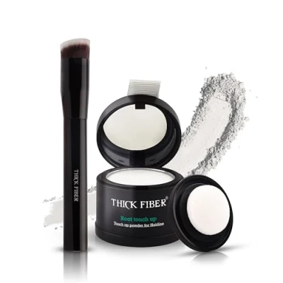 Image of THICK FIBER Root Touch Up Powder, Cover Hairline Powder for Thin Hair Water &amp; Sweat Resistant Loss Concealer Set with Thinning Women, Includes Brush (White)