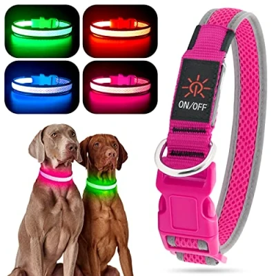 Image of YFbrite Light up Dog Collar, Rechargeable LED Flashing Adjustable Reflective Collar Safety Glowing at night (Pink, Large)