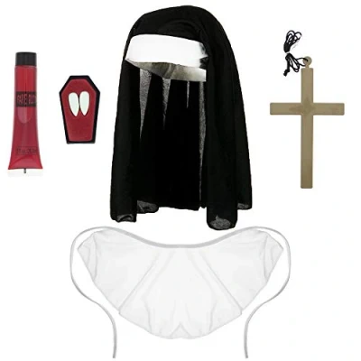 Image of Zac&#039;s Alter Ego Haunted Nun Set Headpiece, Cross Necklace, Collar Accessories, Fangs &amp; Fake Blood