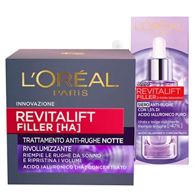 Image of L&#039;Oréal Paris Revitalift Filler Facial Serum Plumping Action + Anti Wrinkle Volumizing Night Treatment Cream 2 Treatments with Hyaluronic Acid