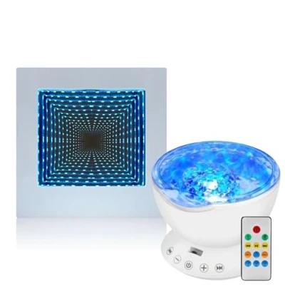 Image of Playlearn Sensory Light 22cm Colour Changing Infinity Mirror Lamp Square Rechargeable LED 13cm Ocean Wave Projector Night w/Remote Control for Office,Living Room &amp; Bedroom