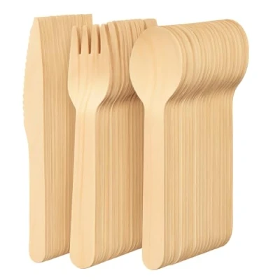 Image of Sabco 300pcs Premium Wooden Cutlery Set 100x Forks Spoons Knives Disposable Biodegradable Eco Friendly