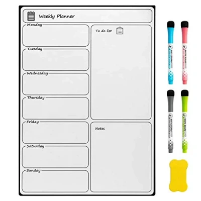 Image of DOEWORKS Fridge Magnetic Whiteboard, Weekly Planner Memo Board A3 Notice with 4 Marker Pens 1 Eraser, Drywipe Magnet for Kitchen