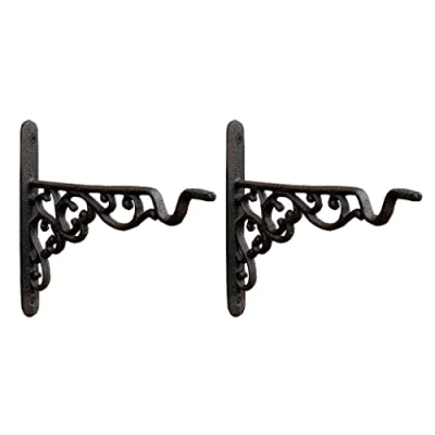 Image of Selections Cast Iron Decorative Hanging Basket Brackets 20cm (Pack of 2), Outdoor, Brown