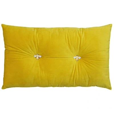 Image of Bumble Rectangular Bee Scatter Cushion Yellow Faux Velvet Look and Feel Jewelled Metal Buttons Polyfilled 100% Polyester 30 x 50cm (12&quot; 20&quot; inches) Made by Riva Paoletti