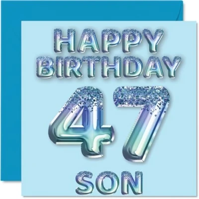 Image of 47th Birthday Card for Son Blue Glitter Party Balloons Happy Cards 47 Year Old from Mum Dad Parents, 145mm x Bday Greeting Gift