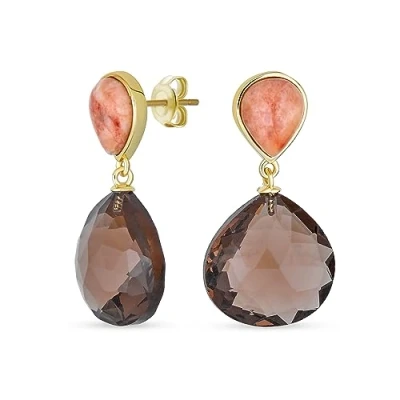 Image of Elegant Translucent Gemstone Briolette Peach and Chocolate Brown Pear Shaped Natural Smoky Quartz Faceted Teardrop Drop Earrings For Women Gold Plated