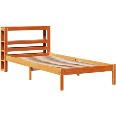 Image of vidaXL Pine Wood Bed Frame/Headboard Small Single with Storage Shelves 75x190 cm Wax Brown Bedroom Furniture