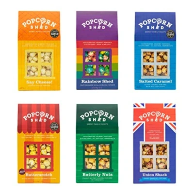 Image of Popcorn Shed 6 Luxury Selection Bundle Flavour Gourmet Variety Pack (6 Pack), Gluten Free, Natural Movie Night Snacks, Coloured Gift