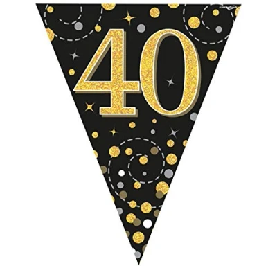 Image of Party Bunting Sparkling Fizz 40 Black &amp; Gold Holographic 11 flags 3.9m