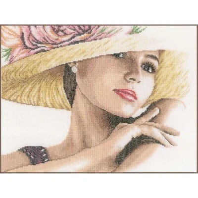 Image of Lanarte Counted Cross Stitch Kit Lady with Hat (Linen), Fabric, Assorted, 32 x 22.5 2 cm